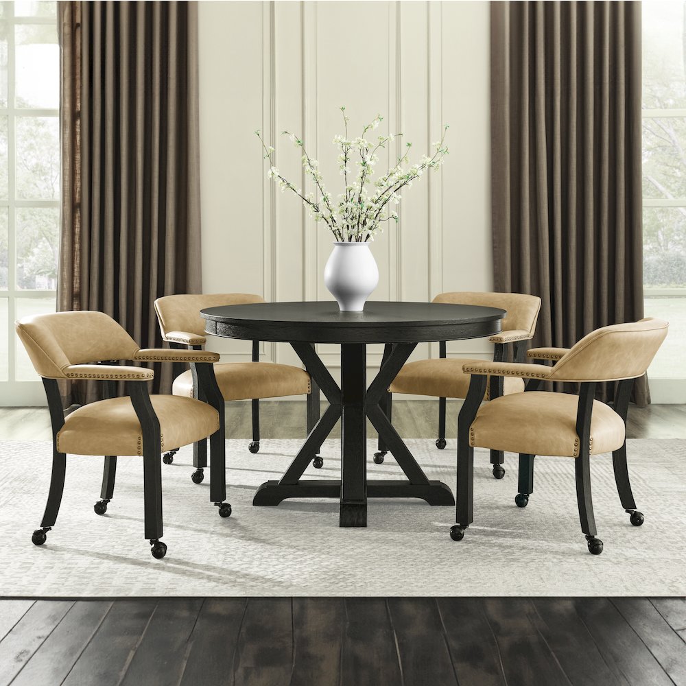 Rylie Dining Table & 4 Captains Chairs, Black Finish with Sand Vegan Leather. Picture 5