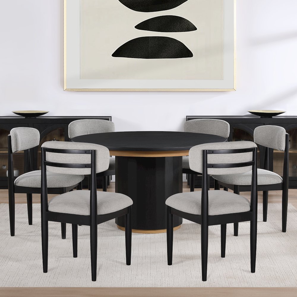 Magnolia 52-inch Round Dining Table & 6 Upholstered Side Chairs, Black Finish. Picture 5