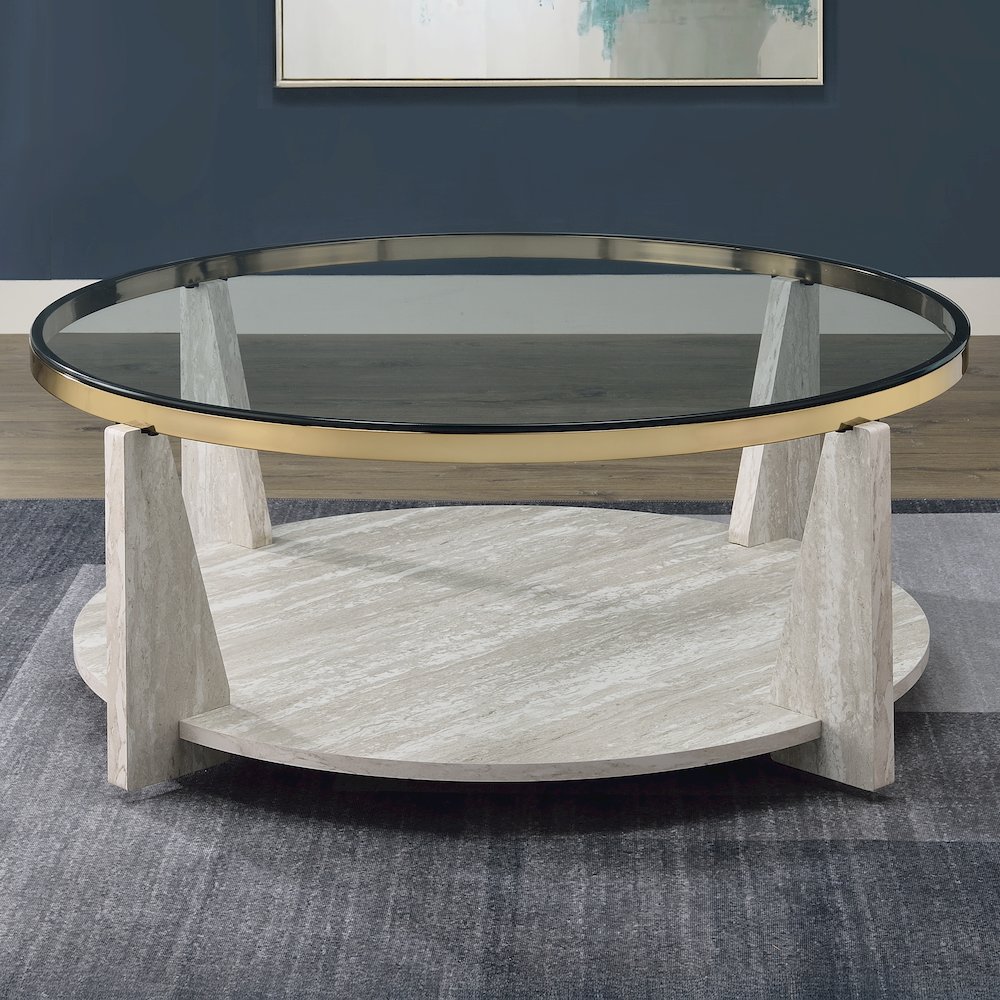 Wanda 42″ Round Glass Top Coffee Table with Casters. Picture 5