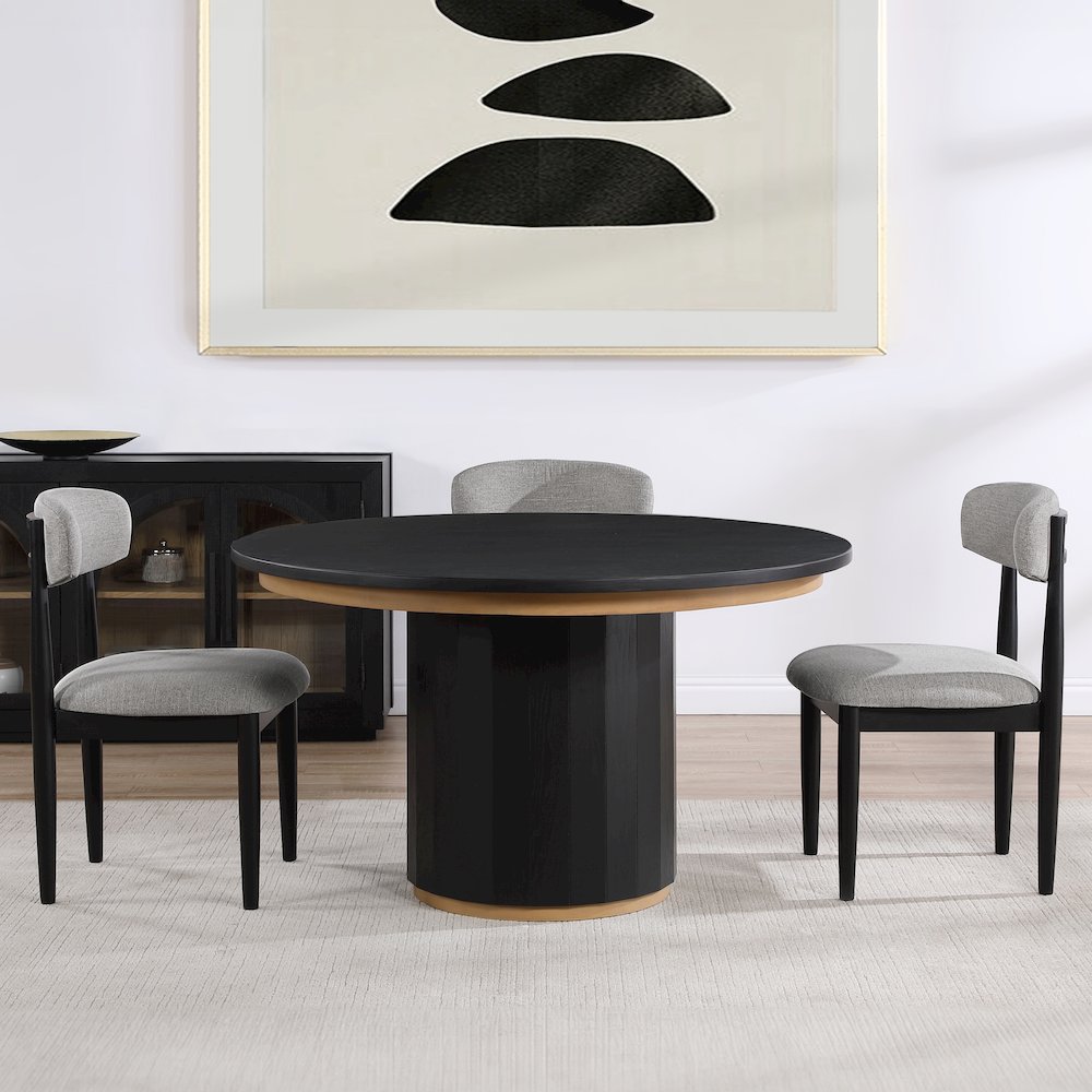 Magnolia 52-inch Round Dining Table & 4 Upholstered Side Chairs, Black Finish. Picture 5