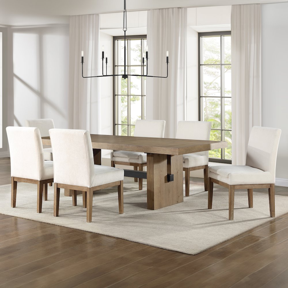 Aubrey 7-Piece 78-96" Dining Table Set with 6 Upholstered Parsons Chairs, Brown. Picture 5