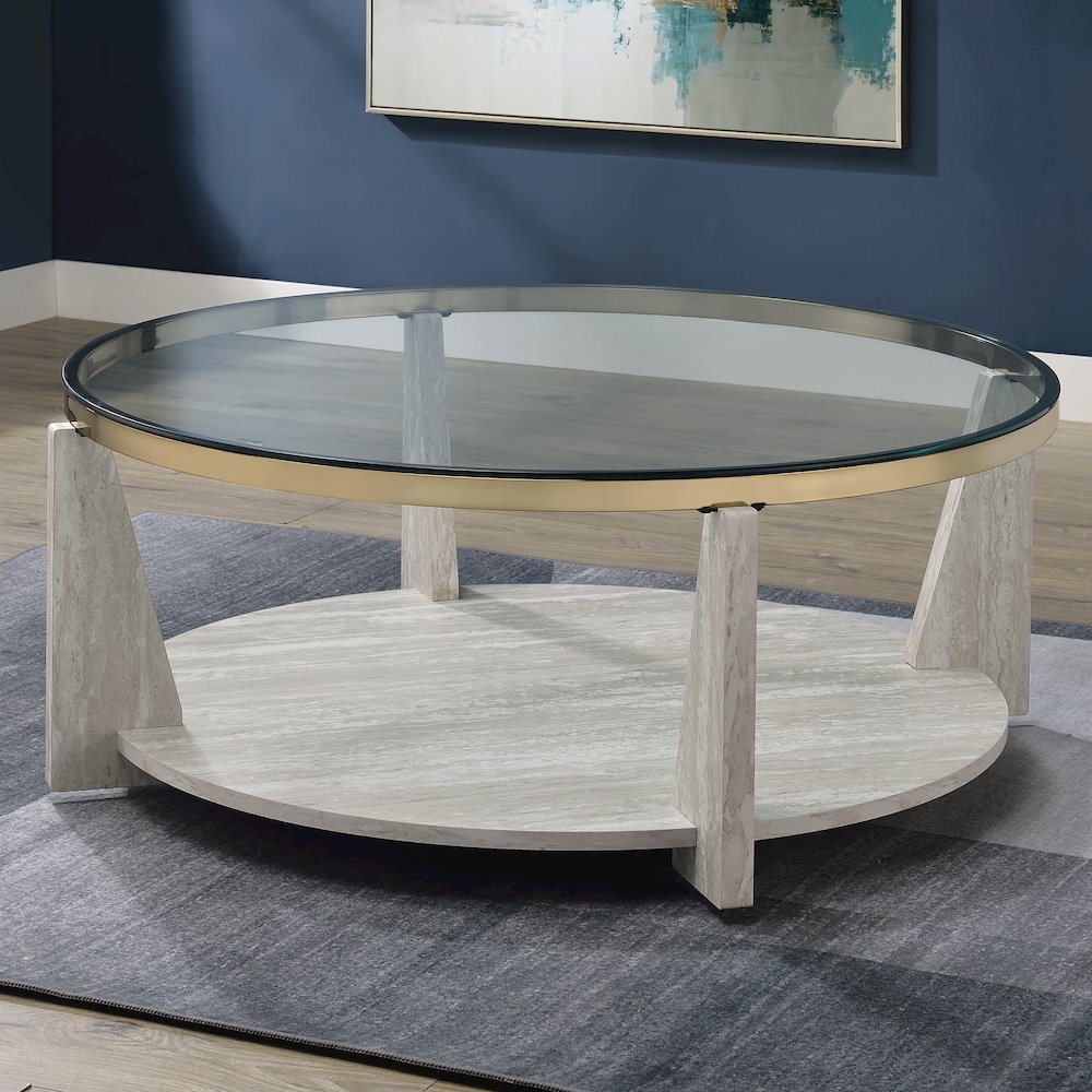 Wanda 42″ Round Glass Top Coffee Table with Casters. Picture 6