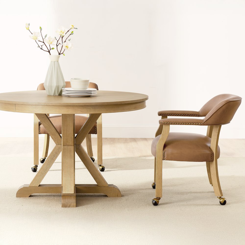 Rylie Dining Table & 4 Captains Chairs, Natural Finish, Camel Vegan Leather. Picture 6