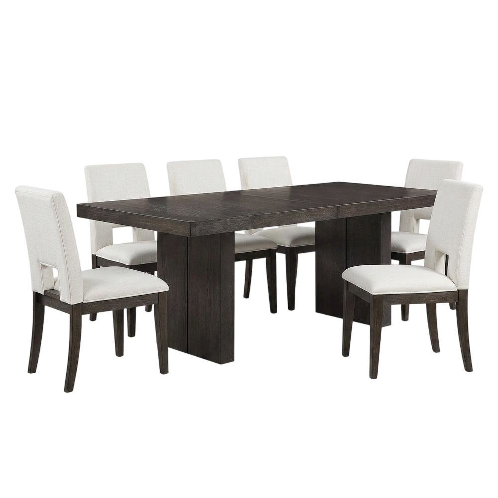 Rubberwood Extendable Dining Table and Linen-Look Upholstered Chairs Set, White. Picture 1