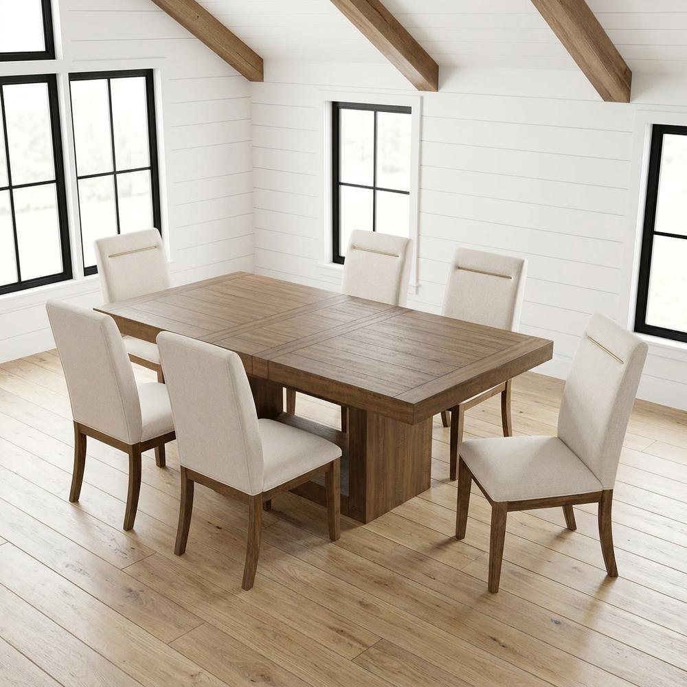 Acacia Wood Dining Table with Chairs, Kitchen Table Set for 6 Dining Room, Brown. Picture 2