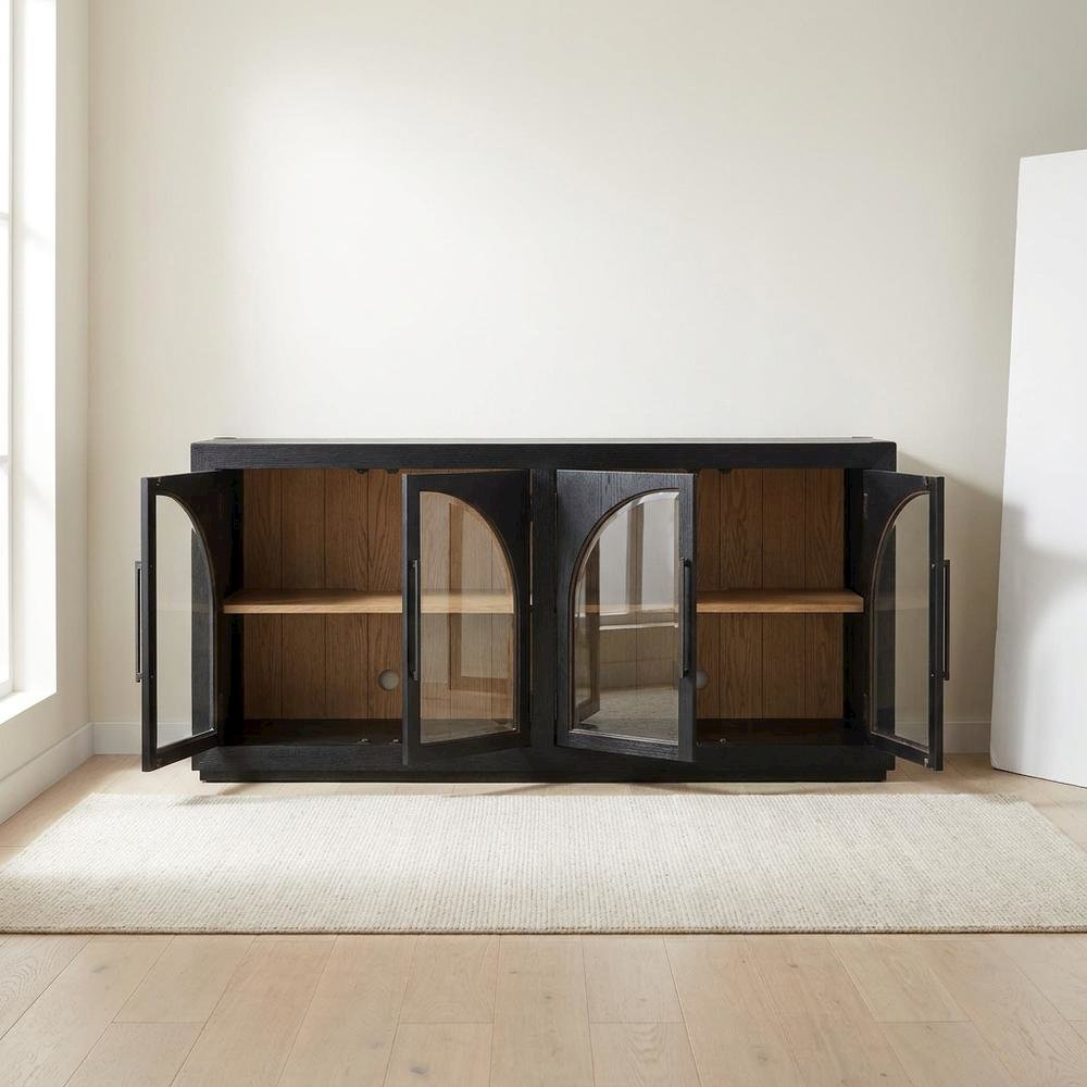 MDF and Rubberwood Buffet Cabinet with Cathedral Doors for Dining Room, Black. Picture 3