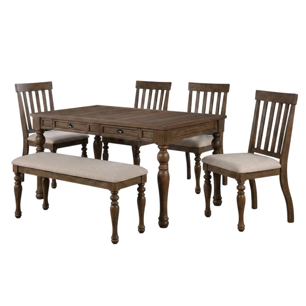 Wood Dining Table Set for 6 with Upholstered Chairs, Kitchen Table Set, Brown. Picture 3