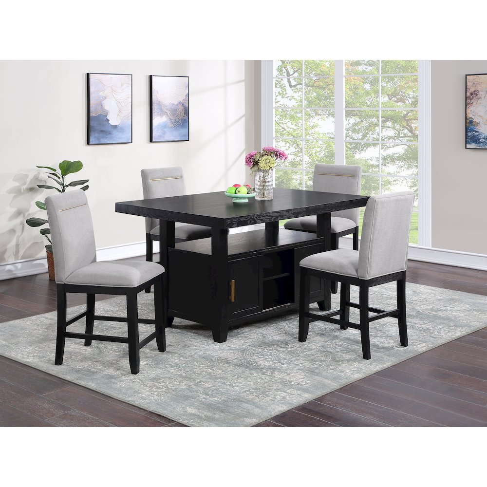 Yves Black Counter Table With Storage and 4 Grey Counter Chairs. Picture 5