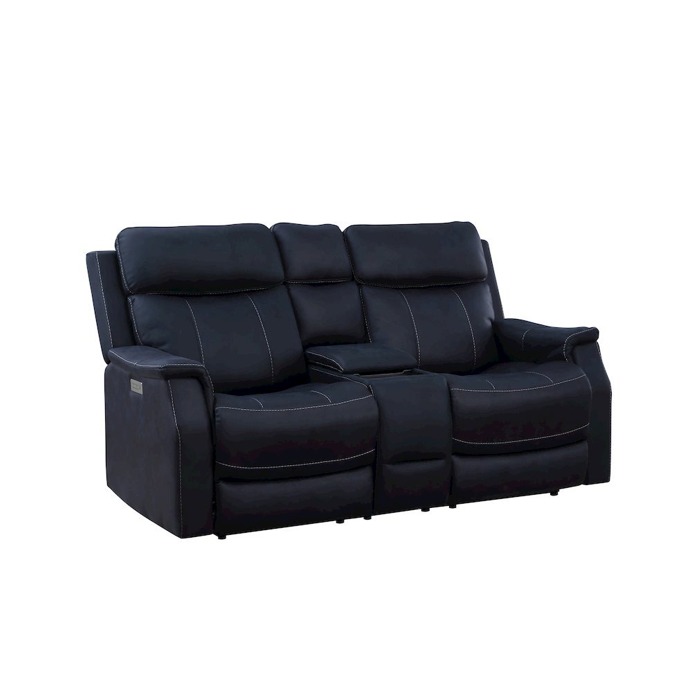 Dual Power Reclining Console Loveseat, Power Headrest, Ocean Blue. Picture 1