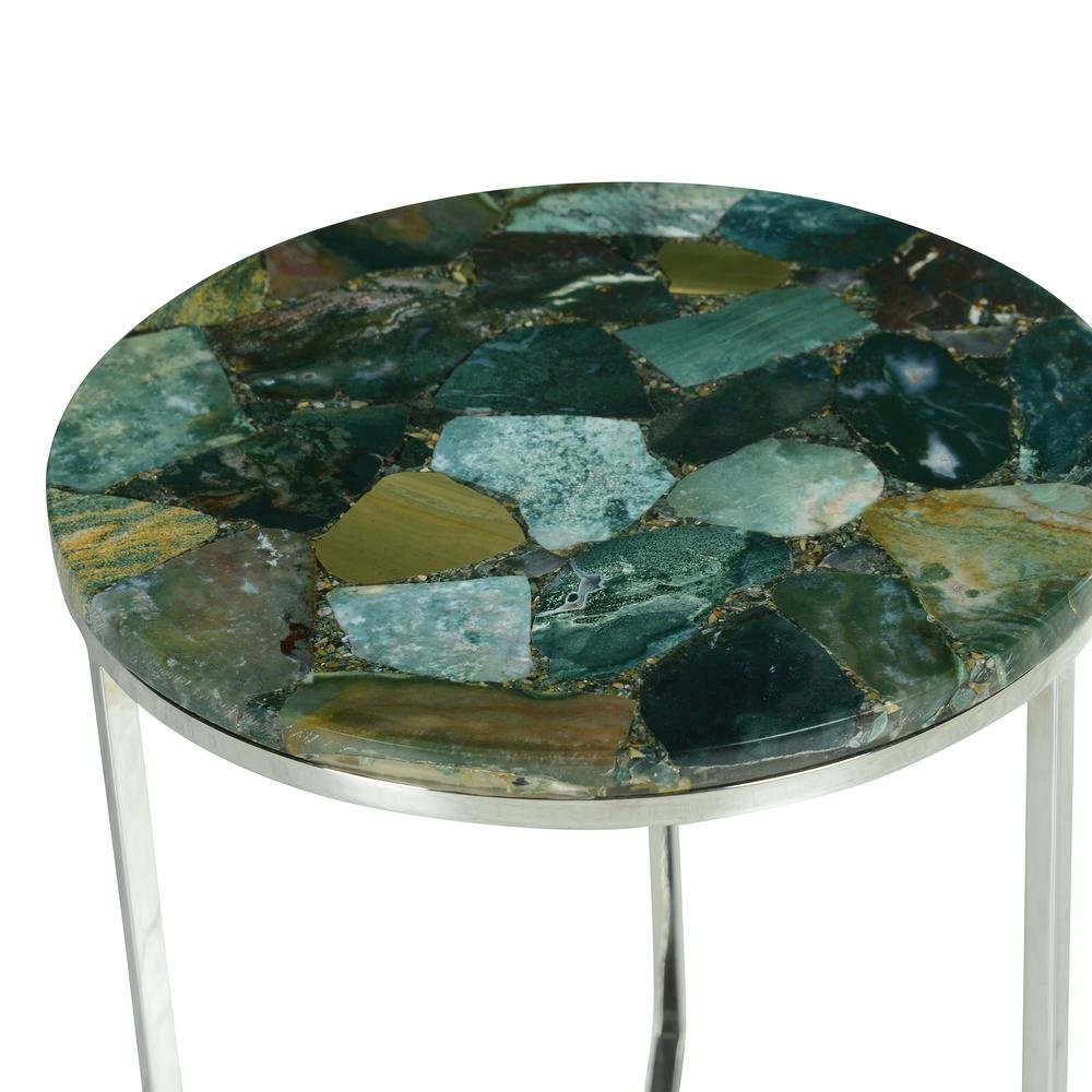 Agate Top Chairside Table, Round Stone Top, Chrome Base, Green. Picture 6