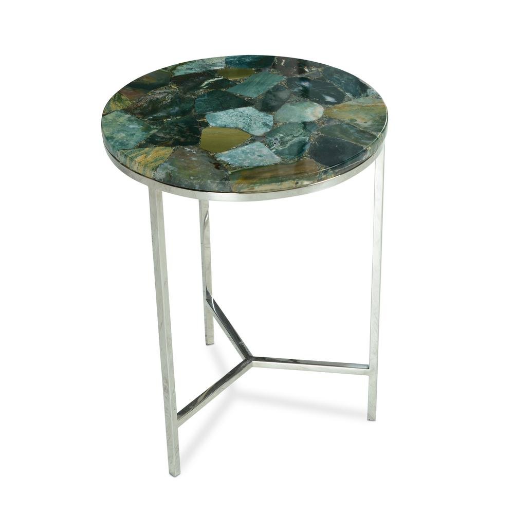 Agate Top Chairside Table, Round Stone Top, Chrome Base, Green. Picture 1