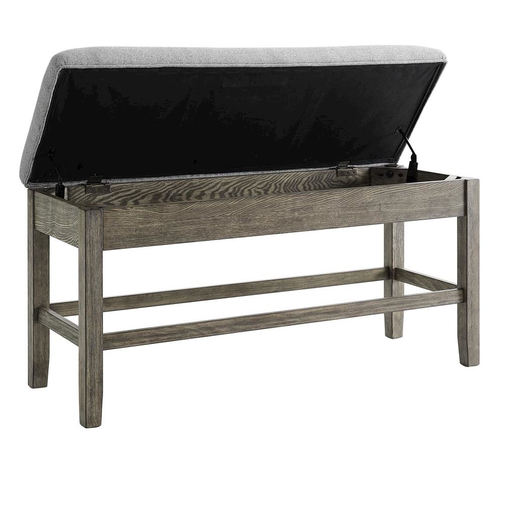 Storage Counter Bench, Thick Cushion, Gray Fabric, Refined Rustic Style. Picture 5