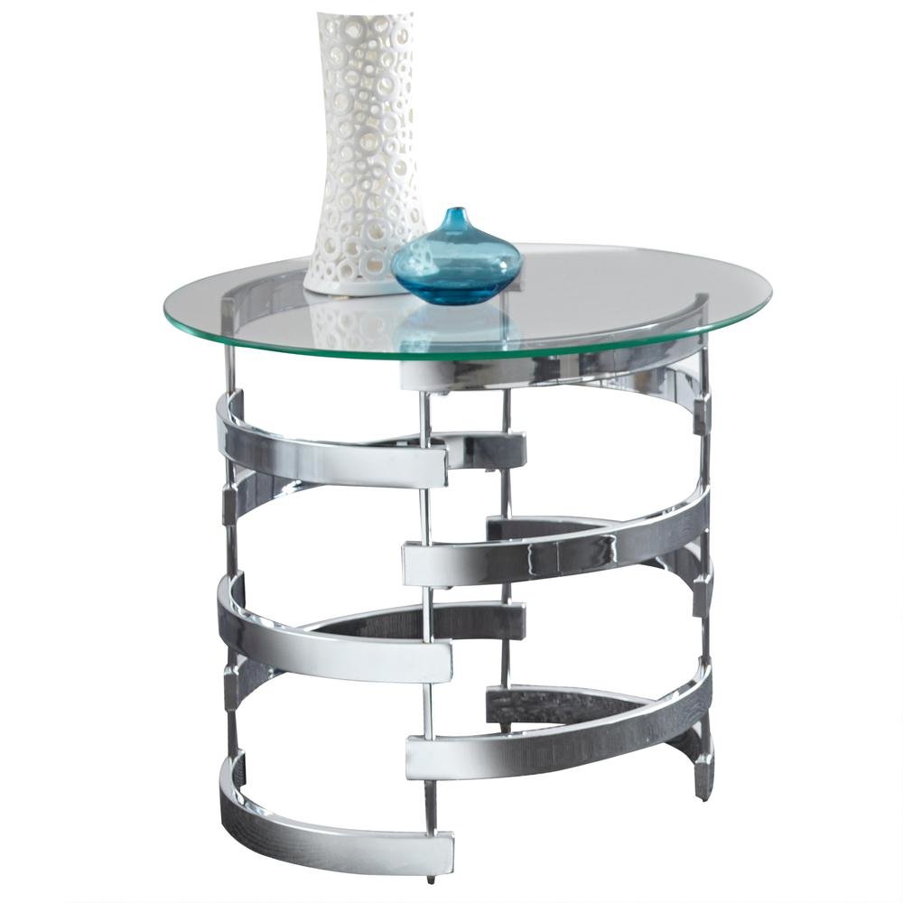 Contemporary End Table, Round Glass Top, Chrome Base, Gray. Picture 1