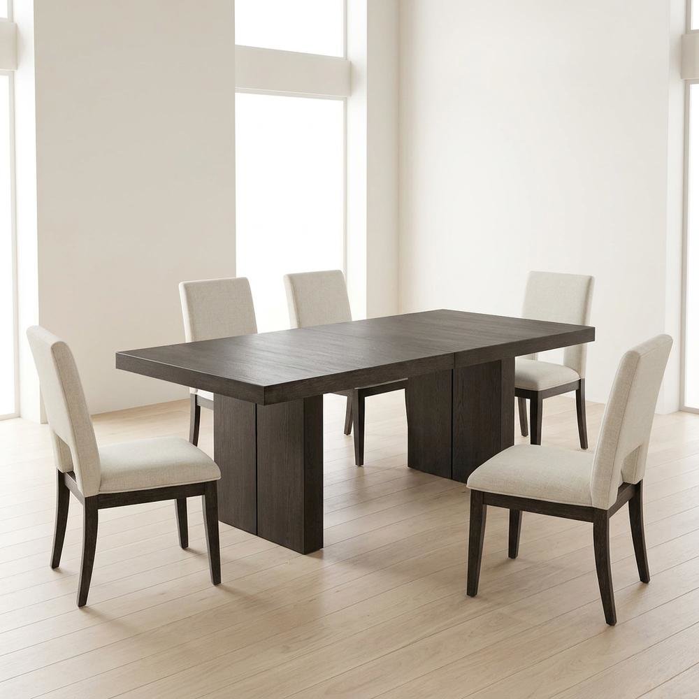 Rubberwood Extendable Dining Table and Linen-Look Upholstered Chairs Set, White. Picture 5