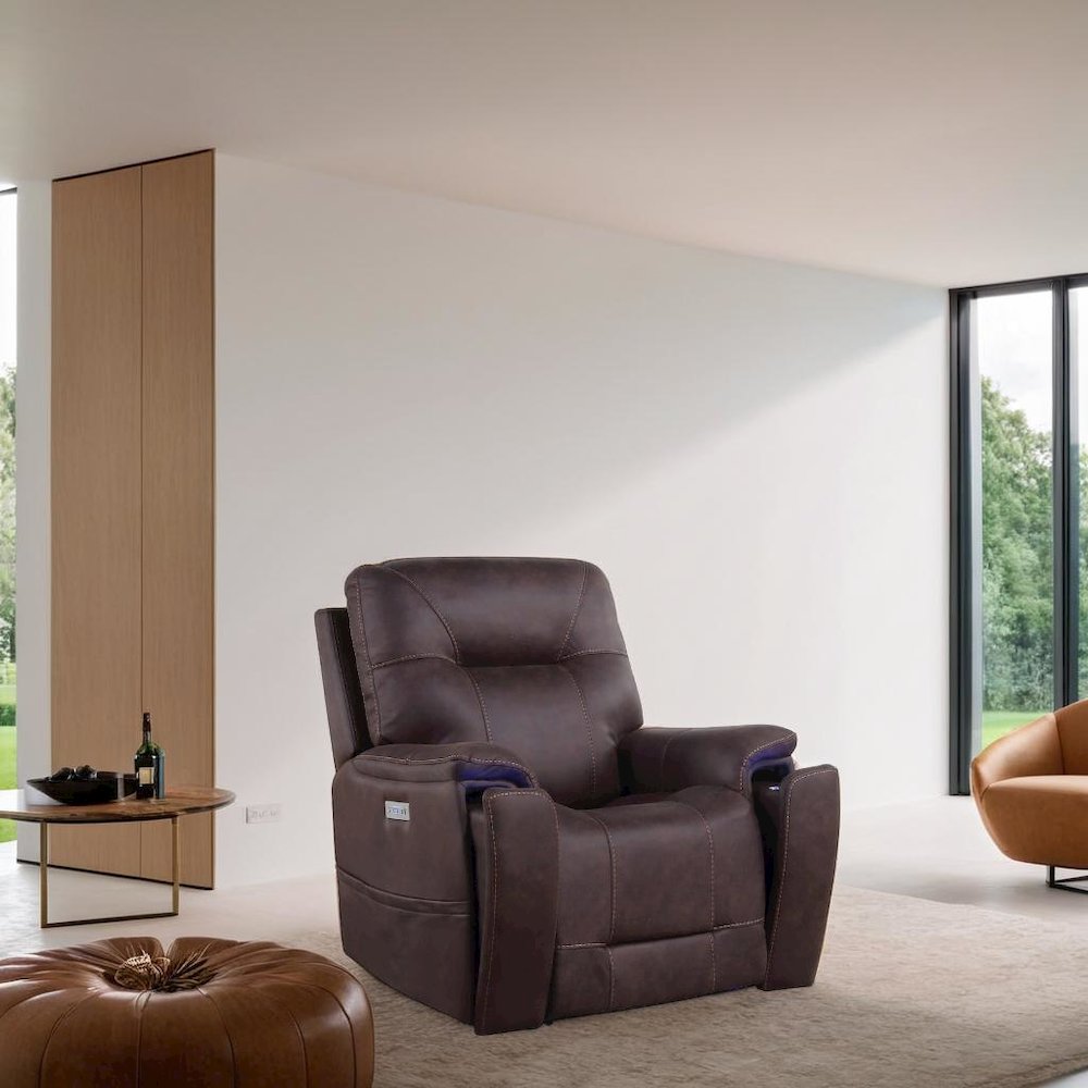 Saddle Brown Power Recliner with Plush Foam, Steel Frame, and PU Fabric. Picture 4