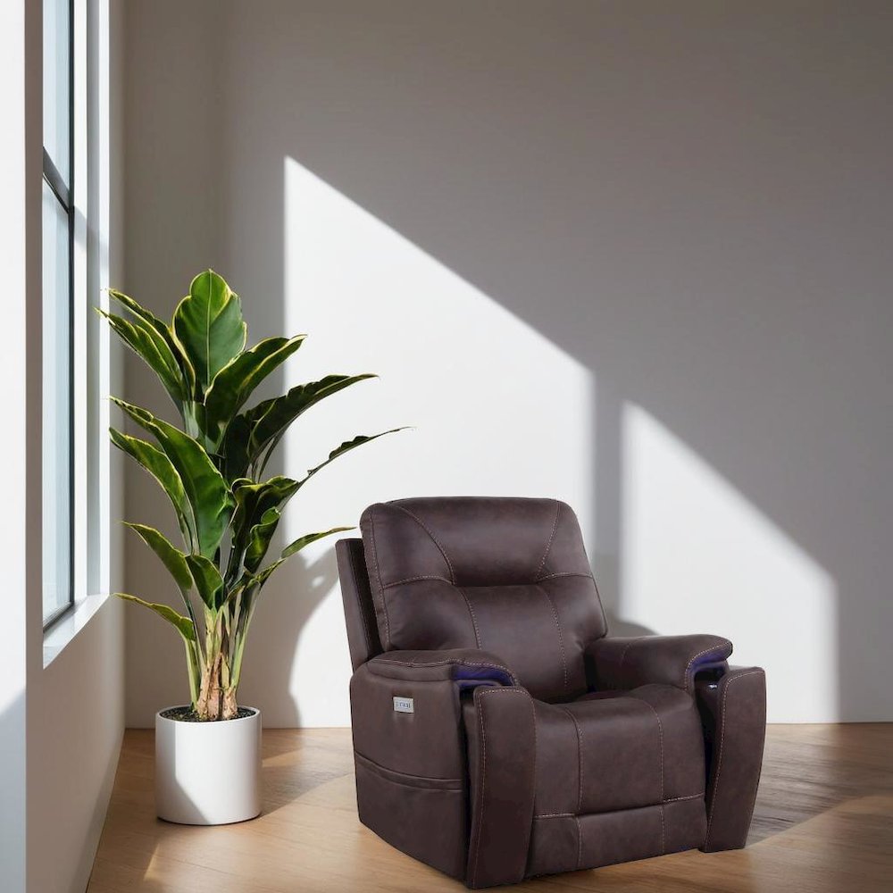 Saddle Brown Power Recliner with Plush Foam, Steel Frame, and PU Fabric. Picture 5