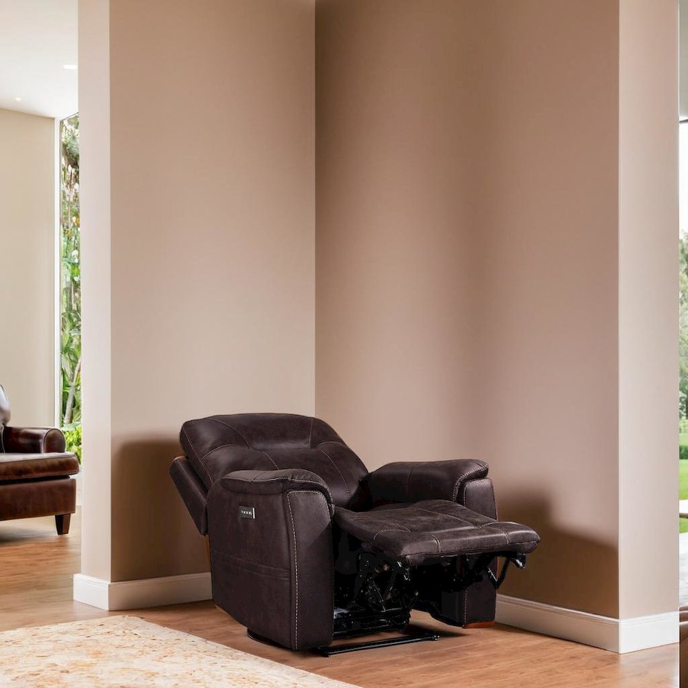 Saddle Brown Power Recliner with Plush Foam, Steel Frame, and PU Fabric. Picture 6