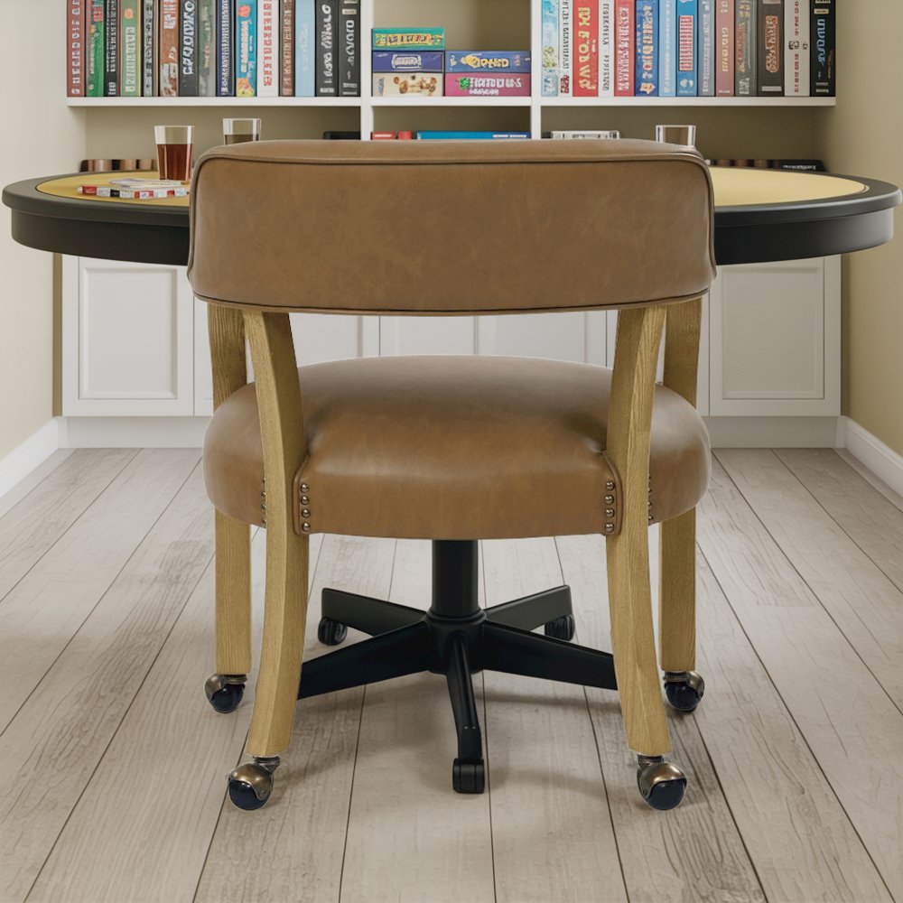 Camel Colored Captains Armchair with Rolling Casters. Picture 4