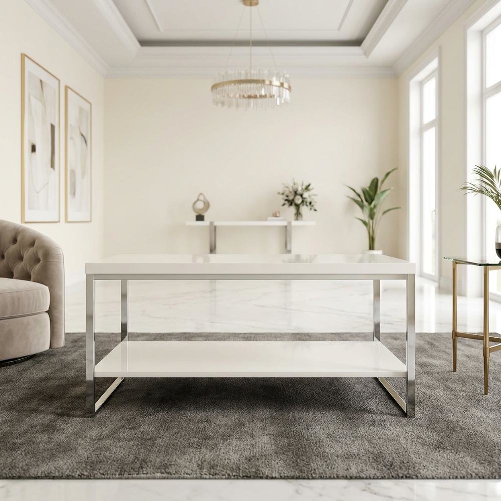 White Finish Cocktail Table with Chrome Legs and Modern Design. Picture 7