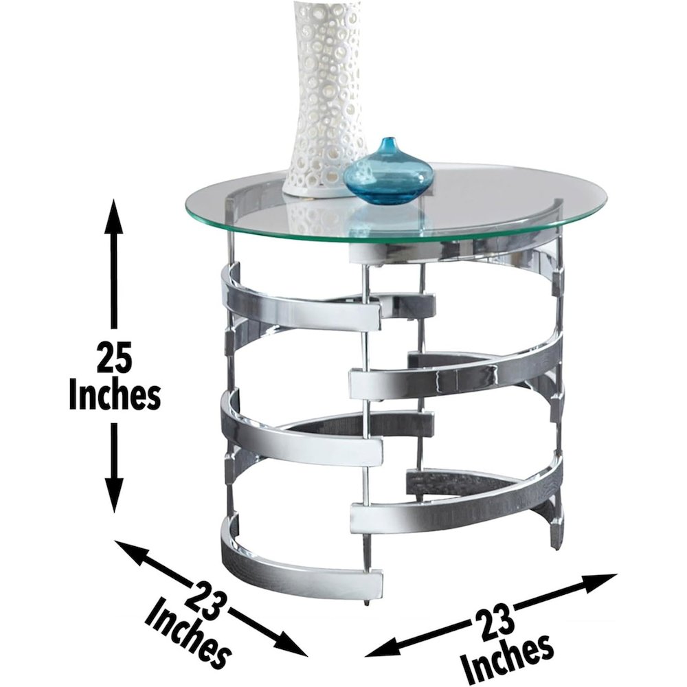 Contemporary End Table, Round Glass Top, Chrome Base, Gray. Picture 6