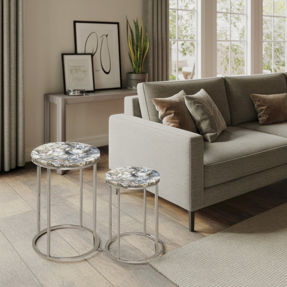 Nesting Side Tables – Living Room Tables with Agate Stone Tops and Wood Detail. Picture 3
