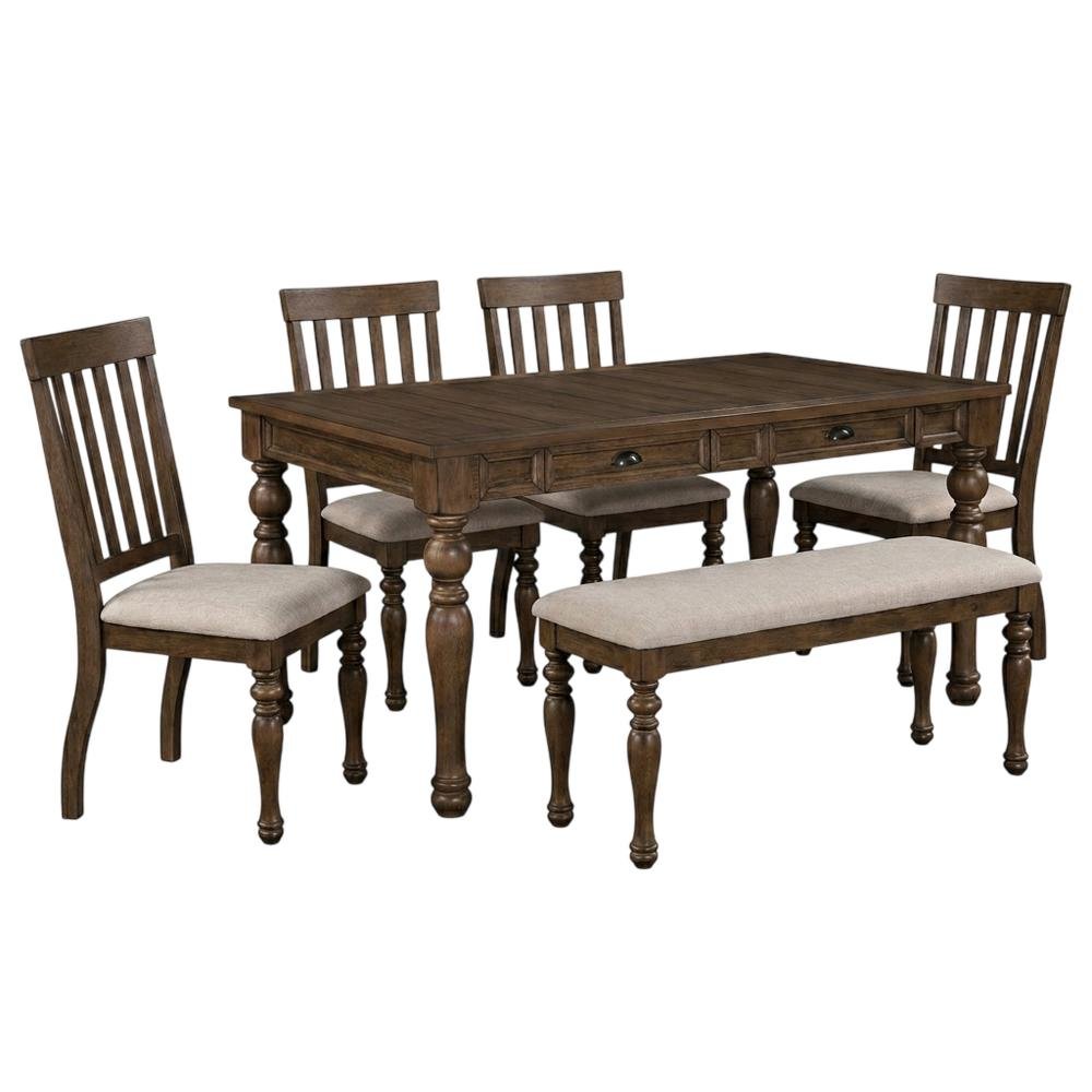 Wood Dining Table Set for 6 with Upholstered Chairs, Kitchen Table Set, Brown. Picture 1