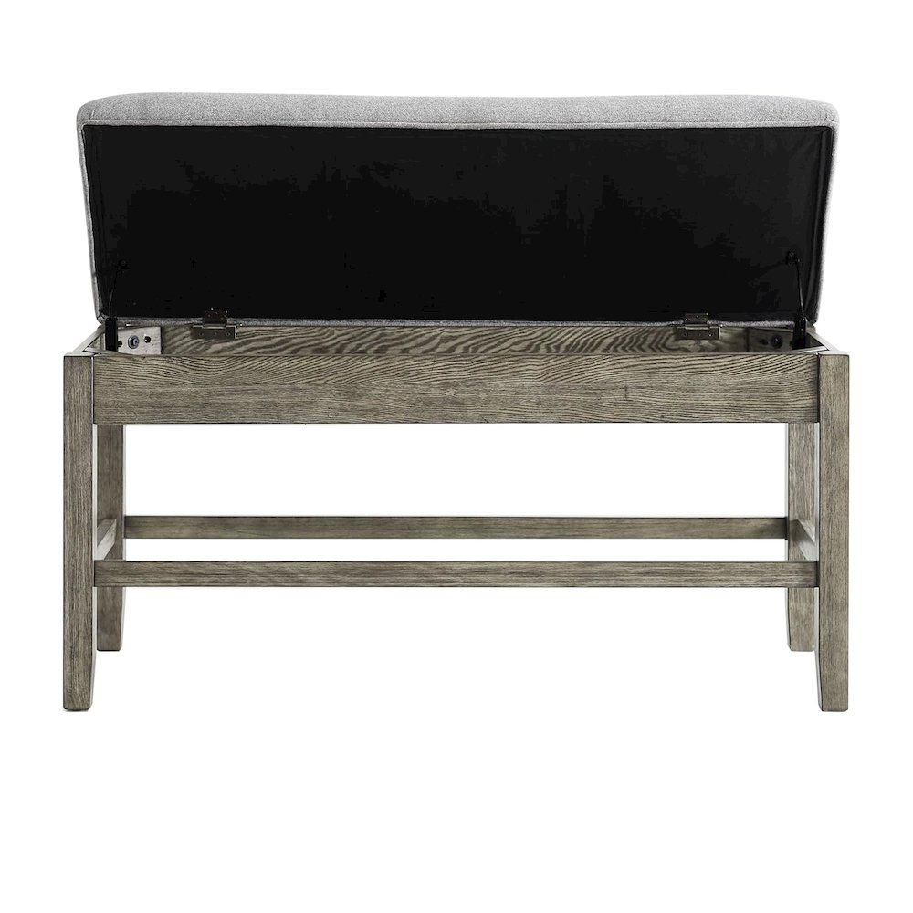 Storage Counter Bench, Thick Cushion, Gray Fabric, Refined Rustic Style. Picture 6