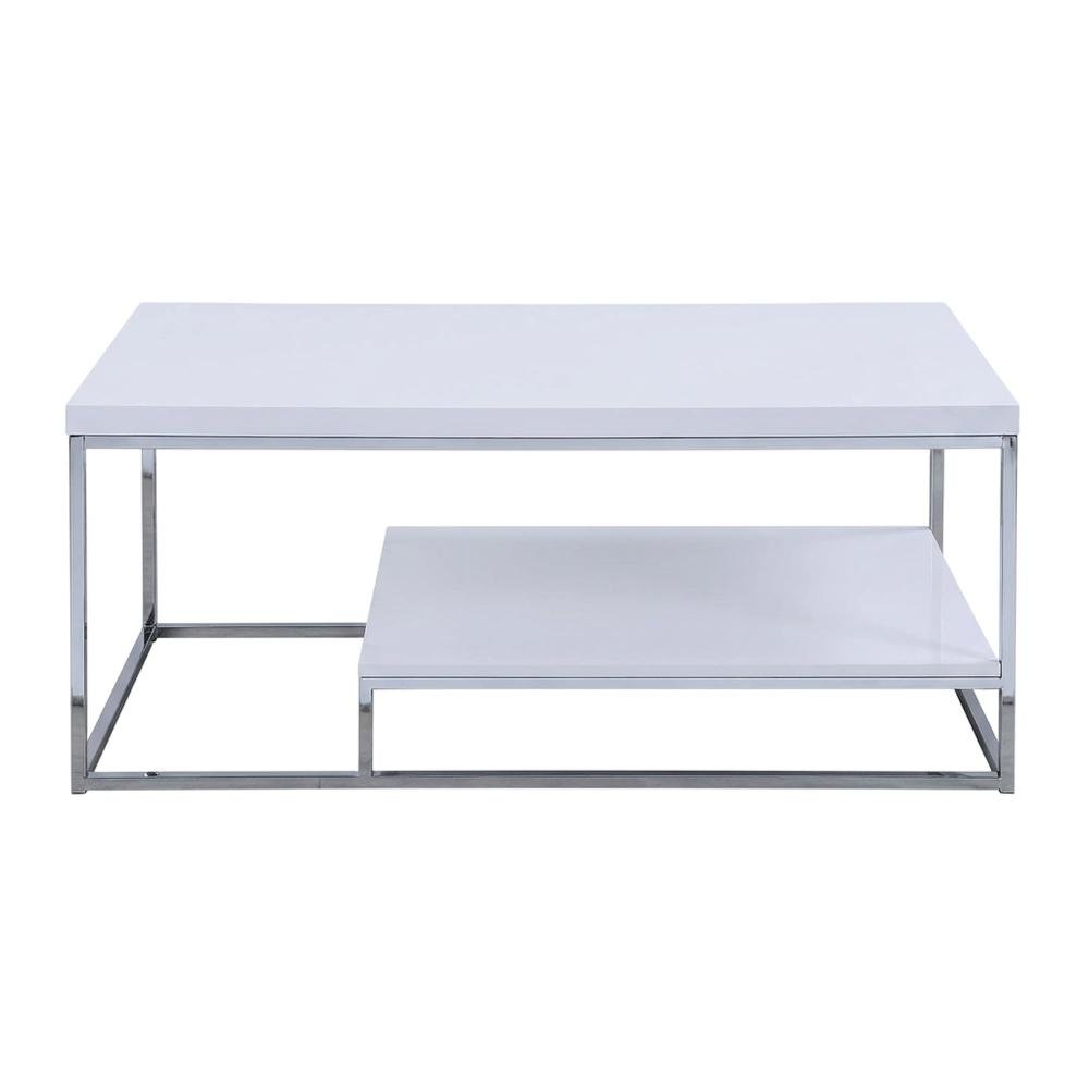 White Finish Cocktail Table with Chrome Legs and Modern Design. Picture 1