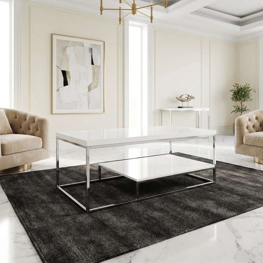 White Finish Cocktail Table with Chrome Legs and Modern Design. Picture 8