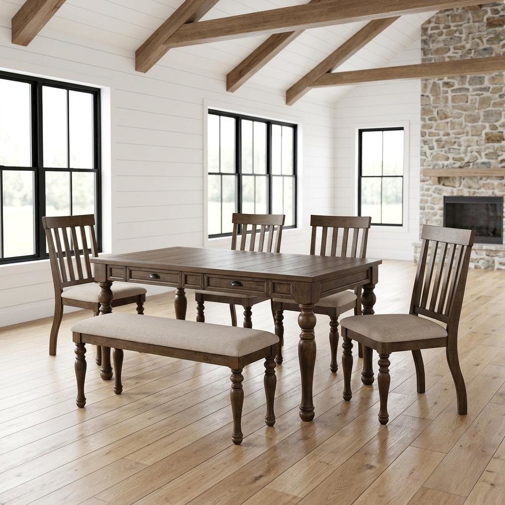 Wood Dining Table Set for 6 with Upholstered Chairs, Kitchen Table Set, Brown. Picture 2