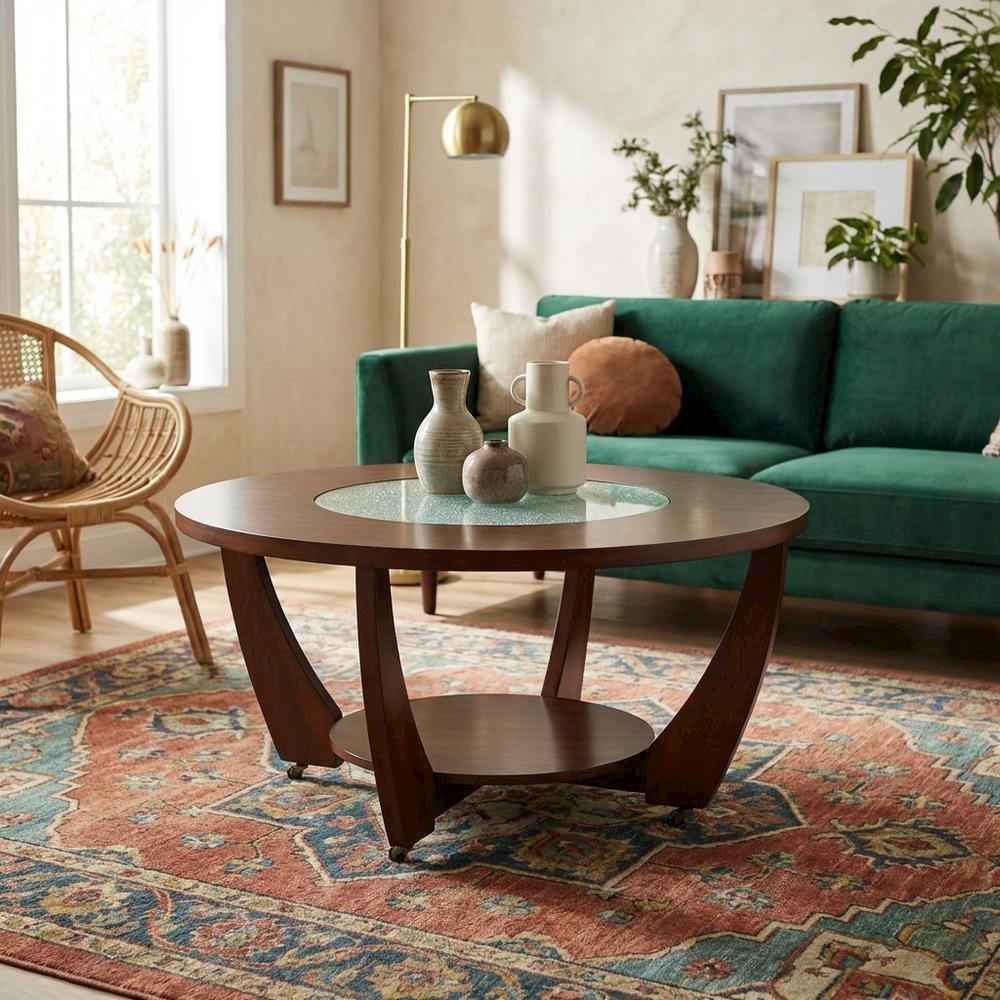 Merlot Cherry Cocktail Table with Casters and Modern Design. Picture 7