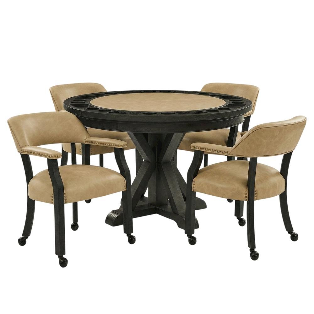 Vegan Leather Dining Table and Chairs with Reversible Game Top, Black. Picture 1