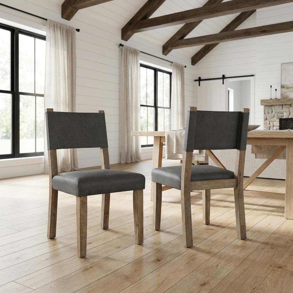 Rubberwood Dining Side Chair with Faux Leather Seat, Brown. Picture 2