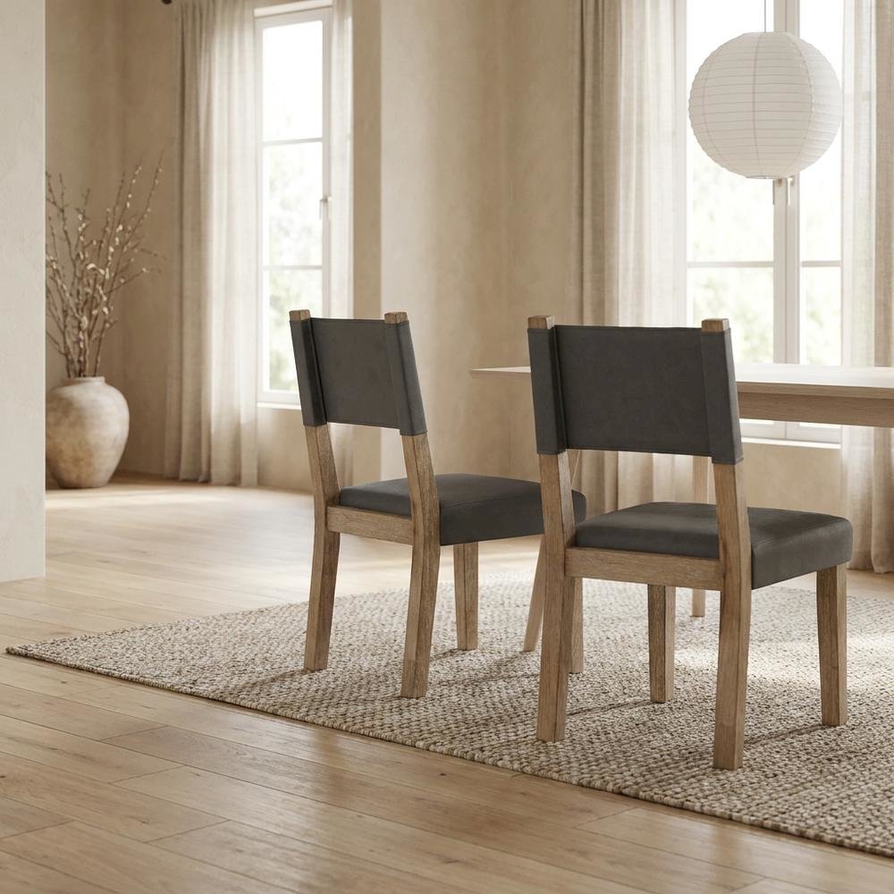 Rubberwood Dining Side Chair with Faux Leather Seat, Brown. Picture 3