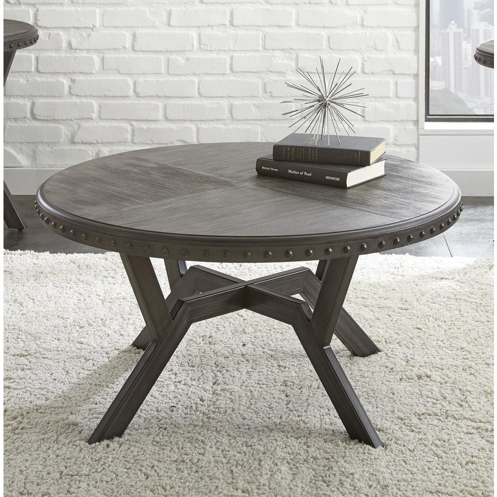 Round Cocktail Table, Gray finished paulownia veneers and metal base. Picture 1