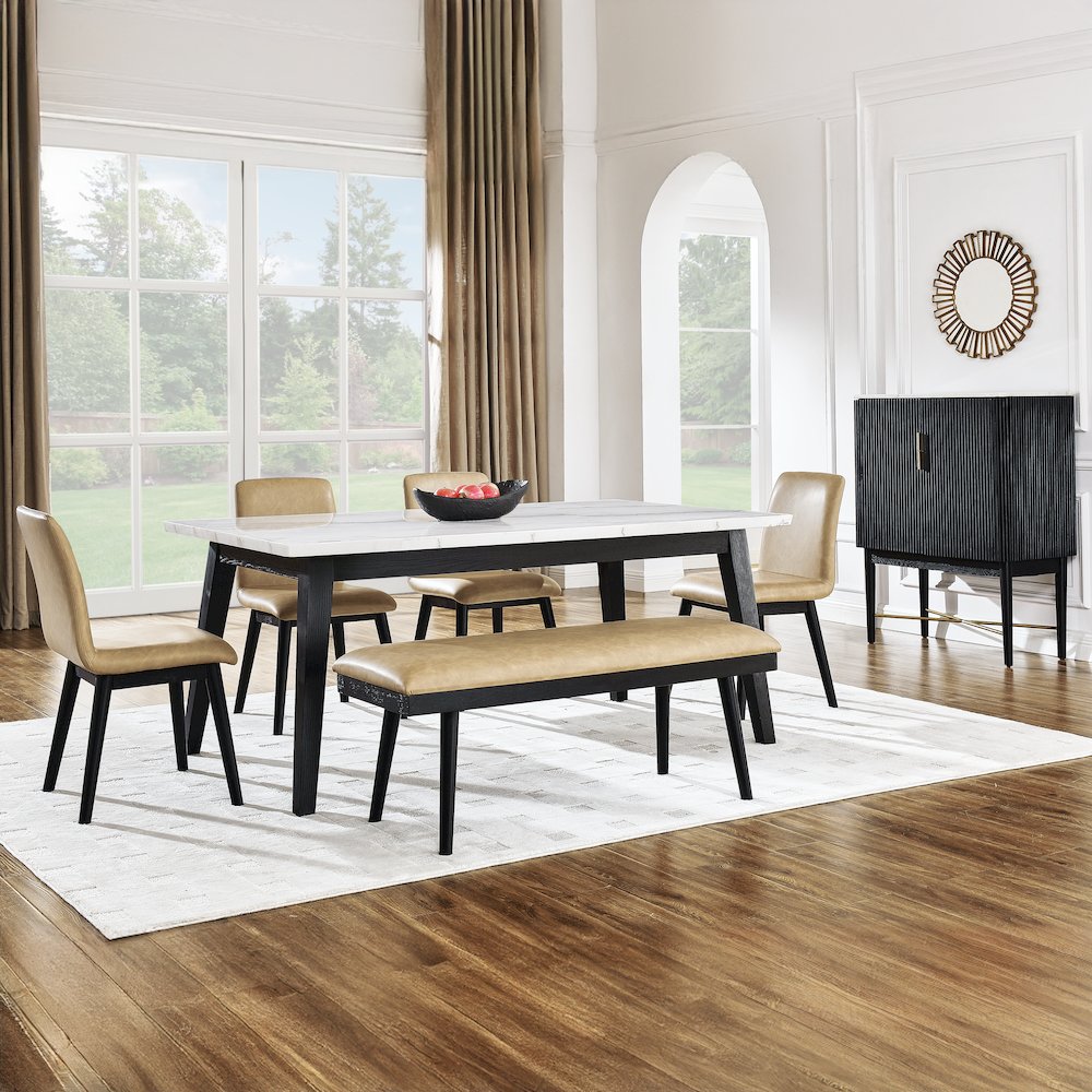 Vida 6-Piece White Marble Dining Set, Black Finish. Picture 6