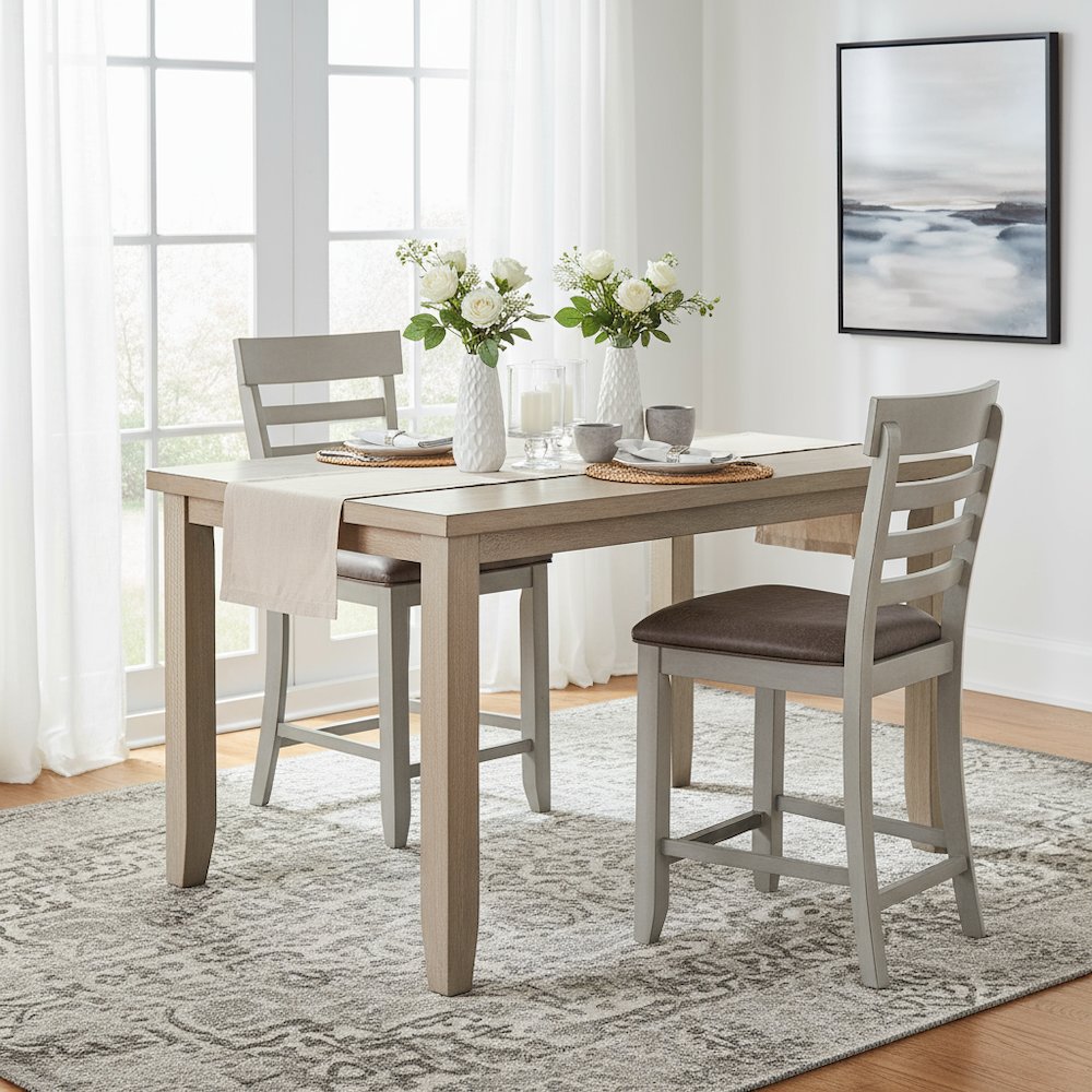 Counter Chair, Set of 2, Faux Leather Seat, Solid Wood Legs, Gray. Picture 2