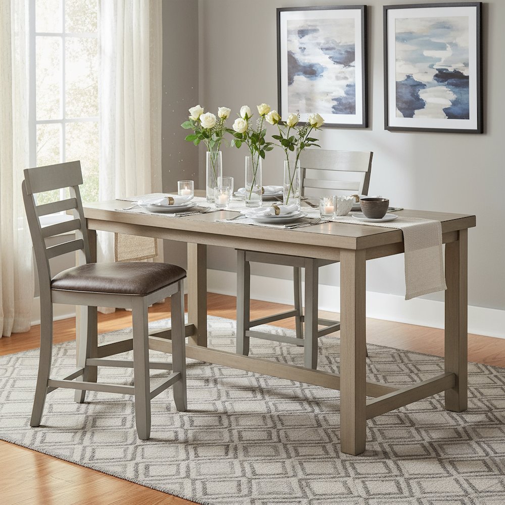 Counter Chair, Set of 2, Faux Leather Seat, Solid Wood Legs, Gray. Picture 3
