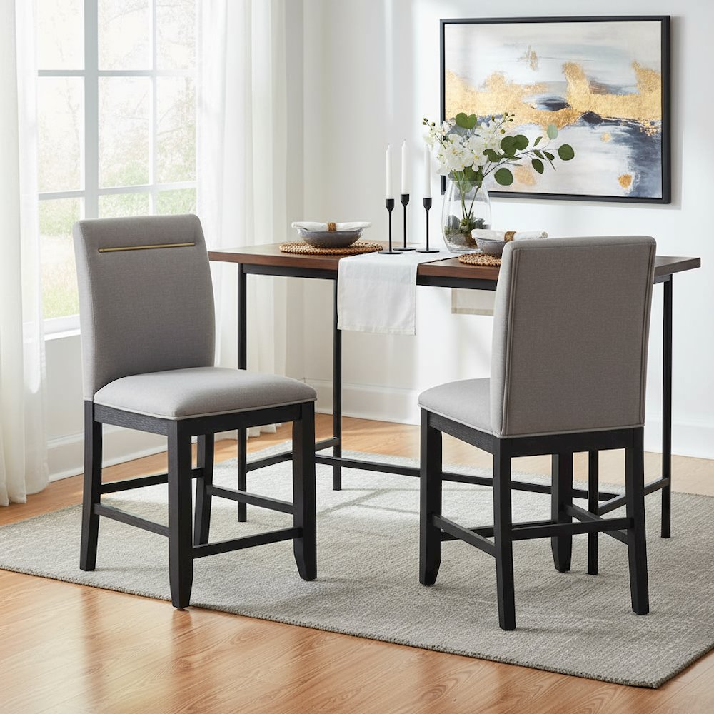 Upholstered Counter Chairs, Grey Performance Fabric, Gold Accent, Set of 2. Picture 2