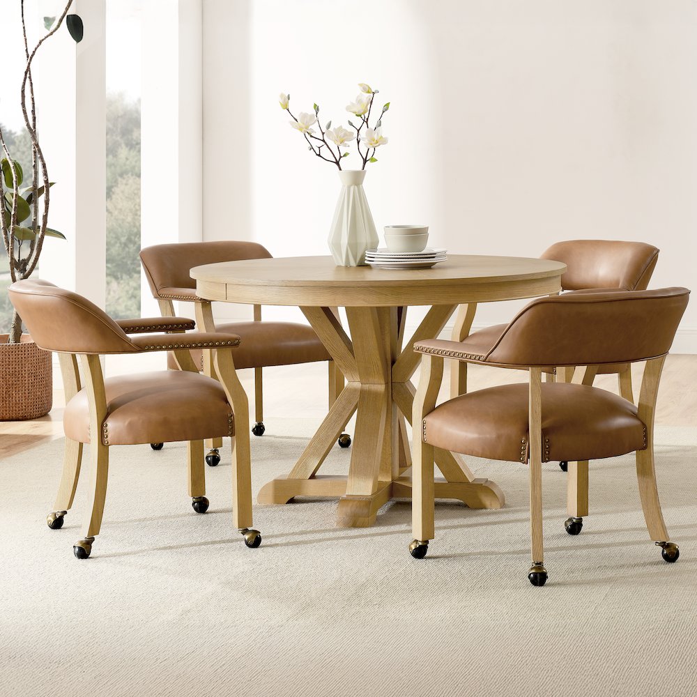 Rylie Dining Table & 4 Captains Chairs, Natural Finish, Camel Vegan Leather. Picture 4