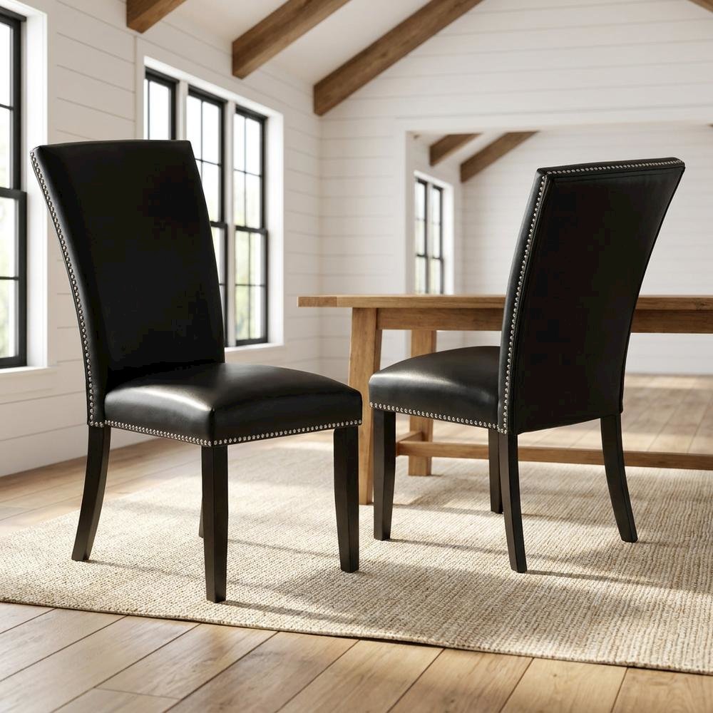 Faux Leather Upholstered Dining Chairs with Birch Legs, Black, Set of 2. Picture 2