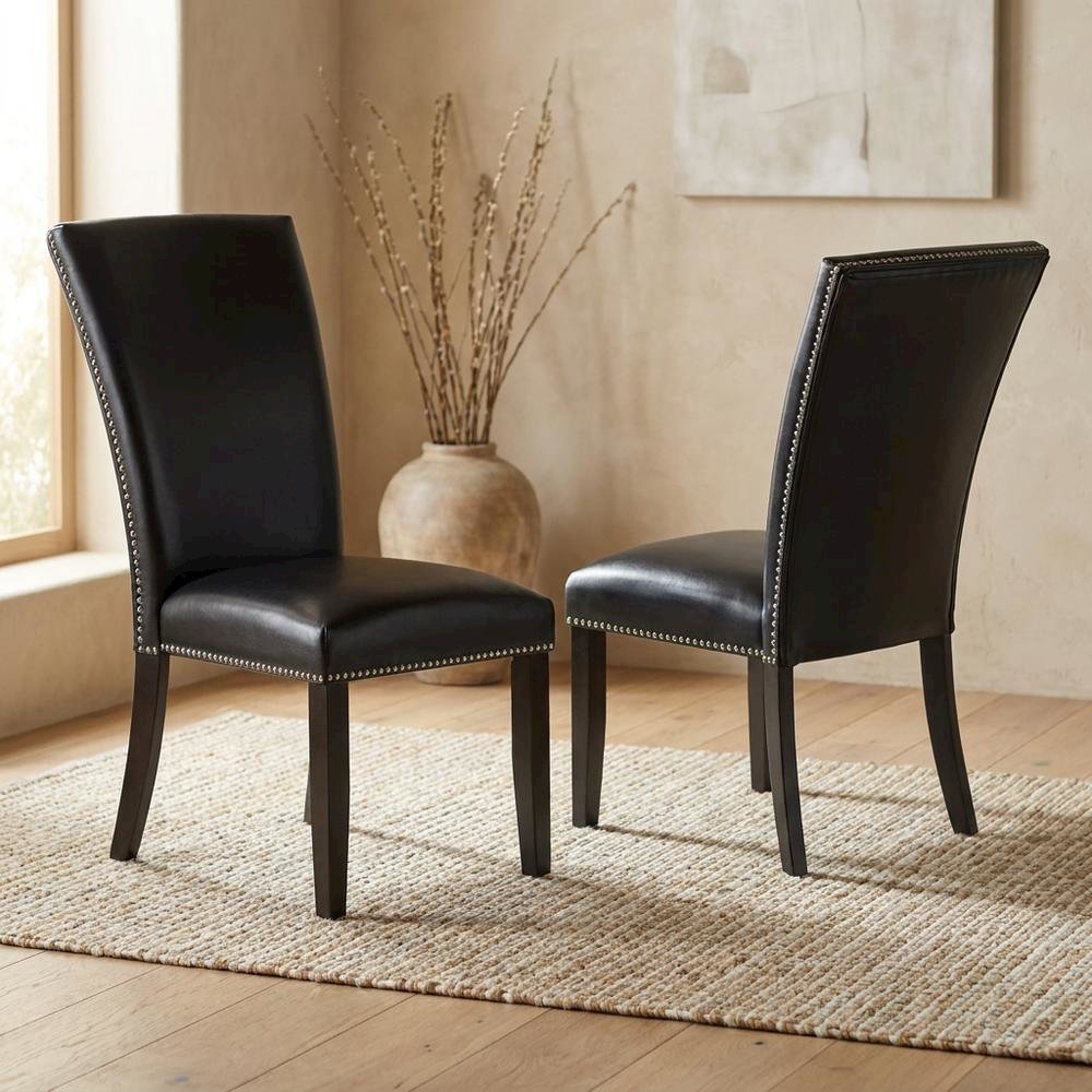 Faux Leather Upholstered Dining Chairs with Birch Legs, Black, Set of 2. Picture 3