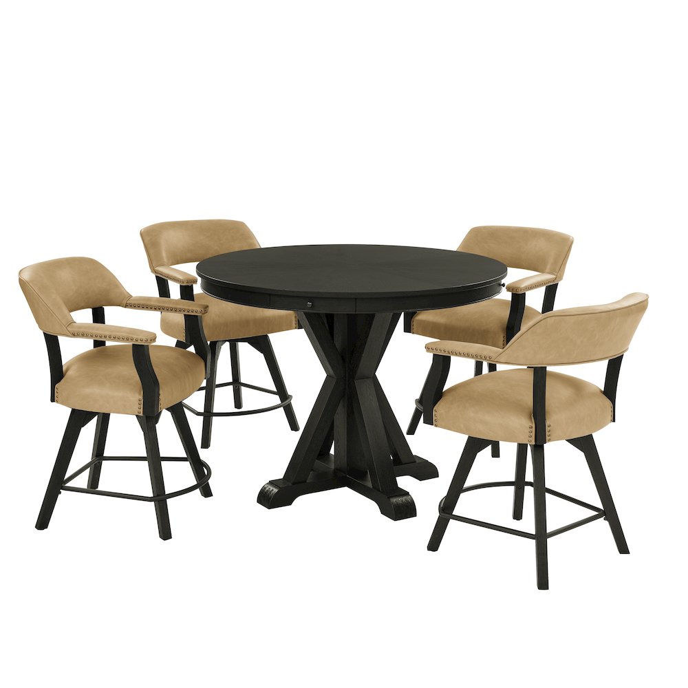 Rylie Counter Table & 4 Swivel Counter Chairs, Black Finish/Sand Vegan Leather. Picture 1