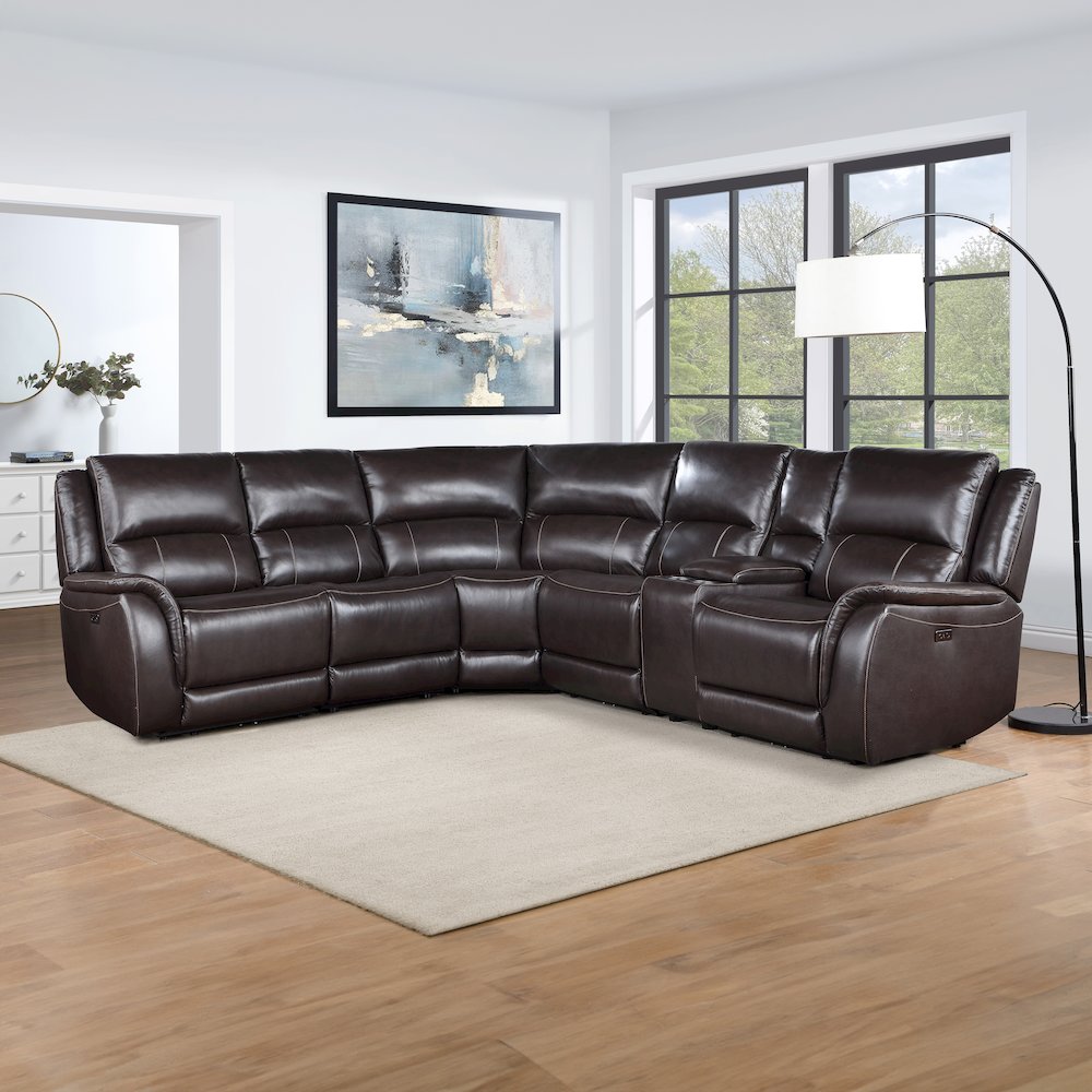 Alexandria 5-Piece Dual-Power Leather Reclining Sectional, Chocolate. Picture 1
