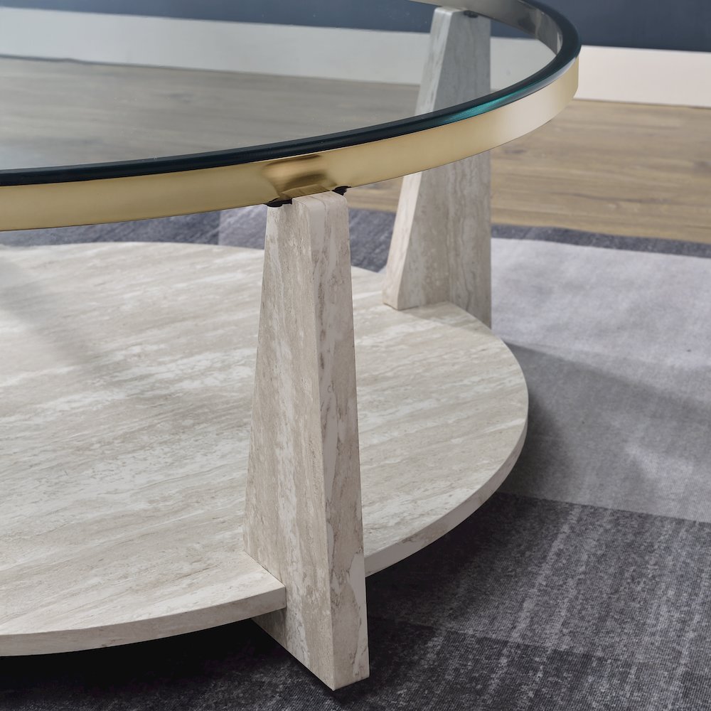 Wanda 42″ Round Glass Top Coffee Table with Casters. Picture 9
