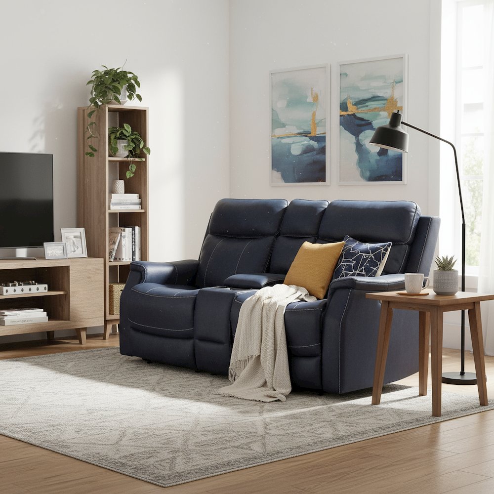 Dual Power Reclining Console Loveseat, Power Headrest, Ocean Blue. Picture 9