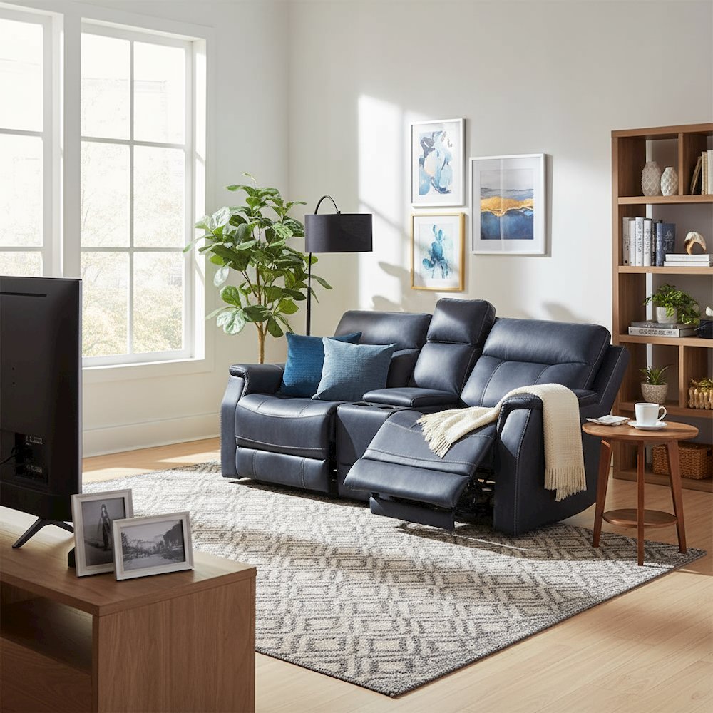 Dual Power Reclining Console Loveseat, Power Headrest, Ocean Blue. Picture 8