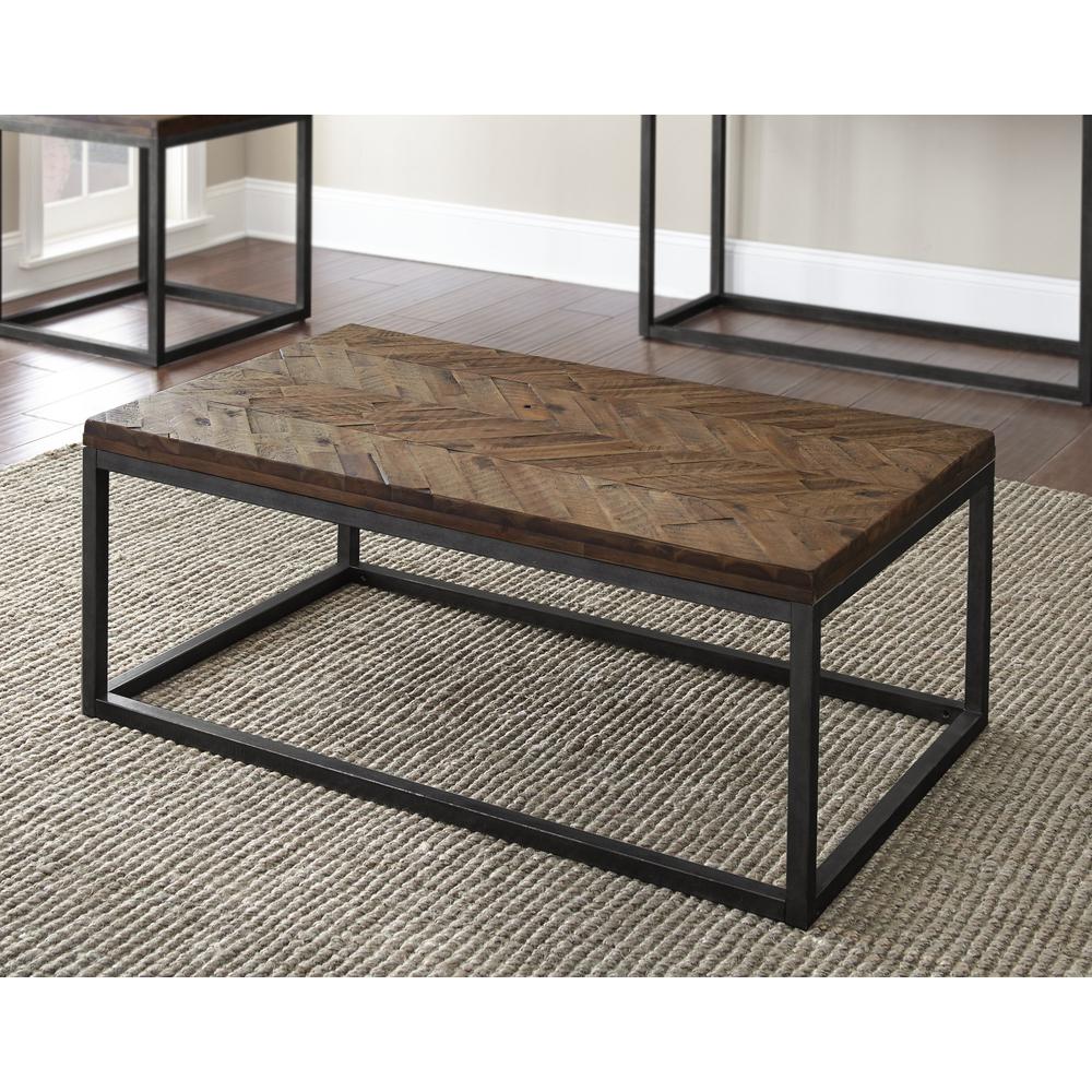 Cocktail Table, Distressed Acacia, Nickel Finished Base. Picture 1
