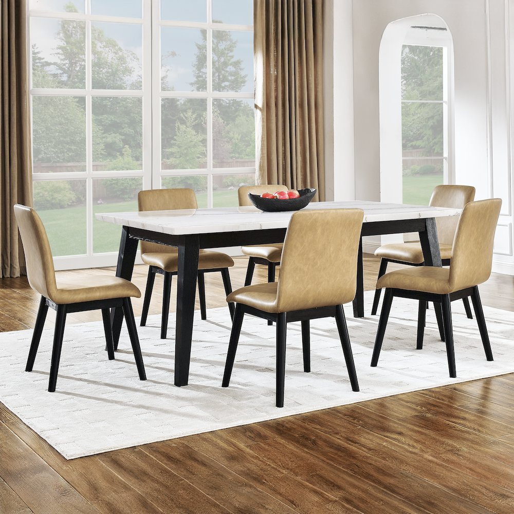 Vida 7-Piece White Marble Dining Set, Black Finish. Picture 4