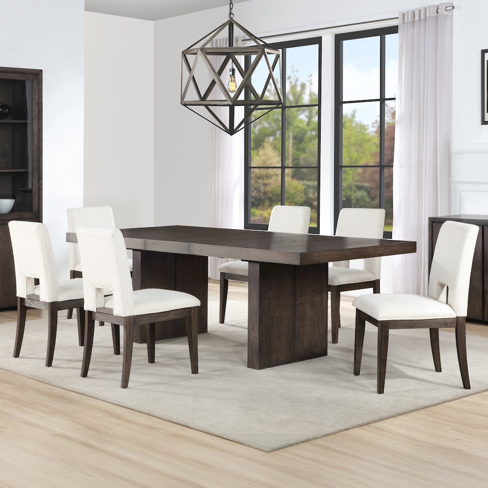 Evan 7-Piece 78-96-inch Table Set with White Linen-Look Chairs. Picture 1